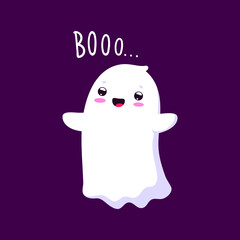 Cartoon Halloween kawaii ghost character playfully saying boo. Adorable white vector baby phantom, cute personage adding a charming and friendly touch to spooky Hallowmas holiday celebrations