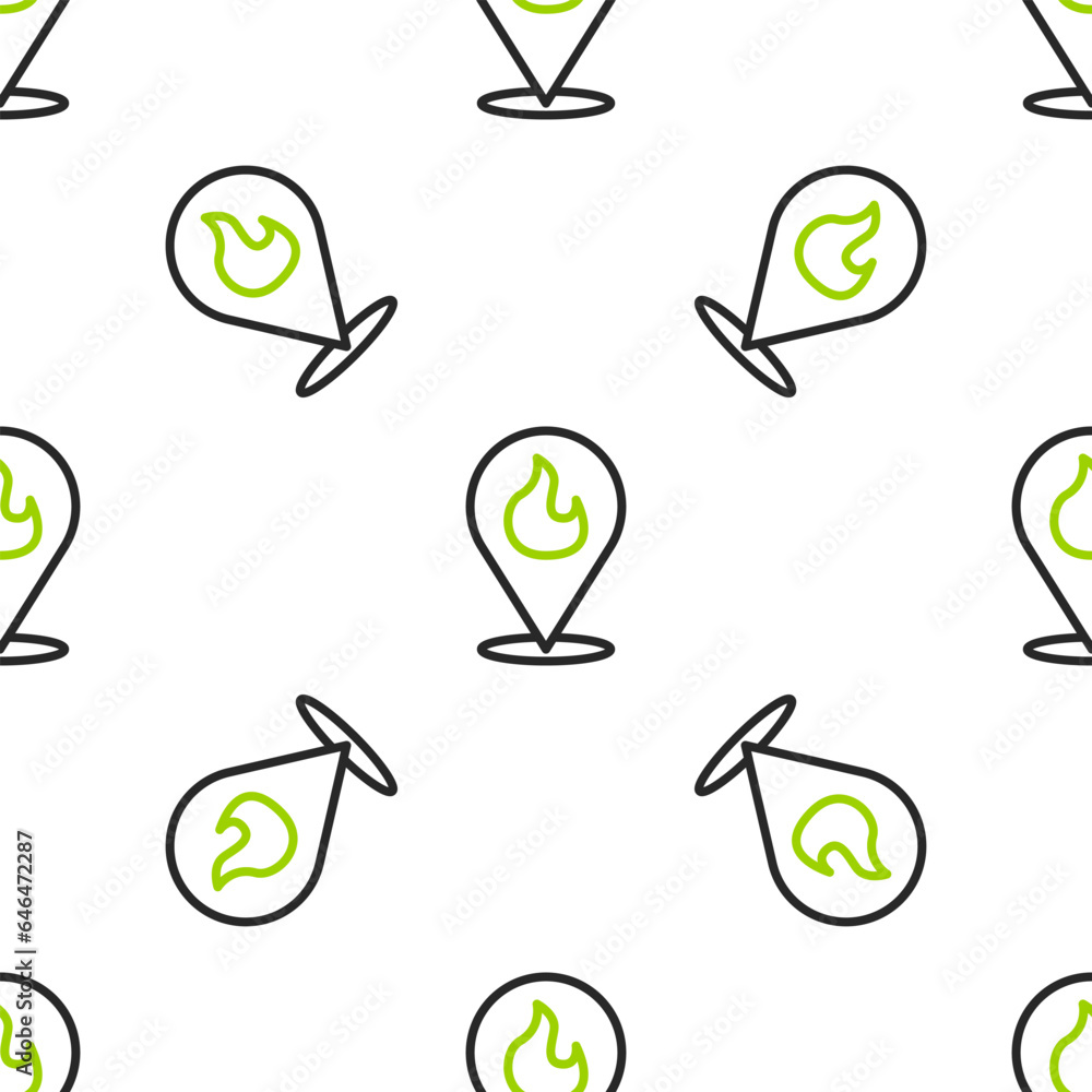 Poster line map pointer with fire flame icon isolated seamless pattern on white background. fire nearby. ve