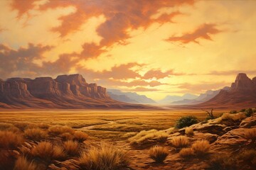 A stunning painting of wild west prairies and vintage mountains in the western landscape. Generative AI