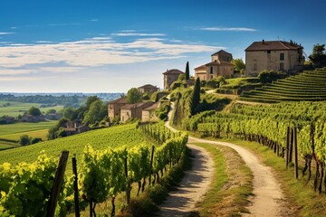 Scenic vineyards in Saint Emilion, Bordeaux, France. Generative AI - obrazy, fototapety, plakaty