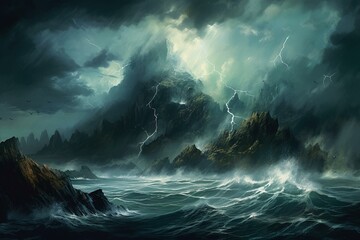 A stormy ocean with thunder and rain, featuring an illustration of an island amidst the seascape. Generative AI