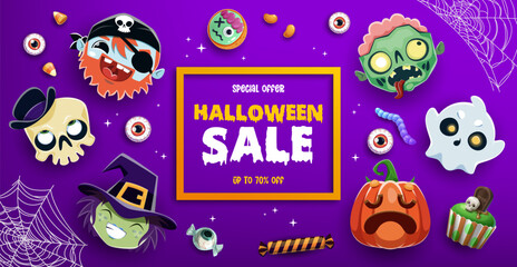 Halloween sale banner with cute holiday emoji faces of spooky pumpkin, skull, witch and ghost vector characters. Discount offer poster of zombie, pirate, skeleton and Halloween trick or treat candies