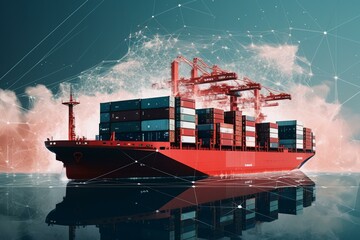Communication technology linked to online business, depicted with a cargo ship symbolizing freight forwarding. Generative AI - obrazy, fototapety, plakaty