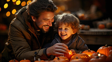 Father and Son Lighting Candle in Halloween Pumpkin