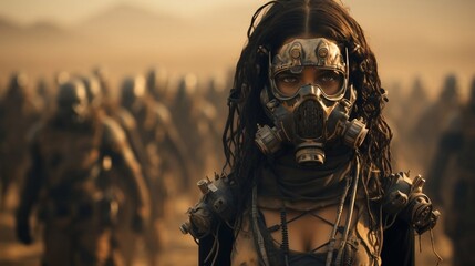 Survivor girl wears protective gas mask. Apocalyptic concept.