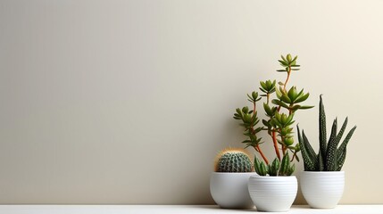 White empty wall with cactus in the corner. White background with houseplants.