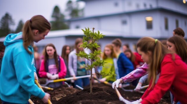 Young activists planting trees in a community garden.