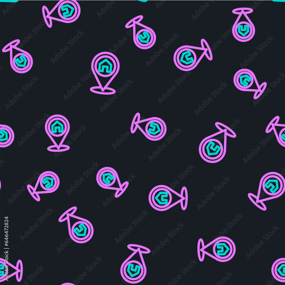 Poster line map pointer with house icon isolated seamless pattern on black background. home location marker