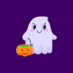 Cartoon cute Halloween kawaii ghost with pumpkin, vector funny monster boo character. Halloween holiday horror night ghost with witch potion in pumpkin cauldron, spooky cute kawaii ghost poltergeist