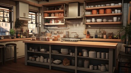 A kitchen with a built-in coffee station and open shelving