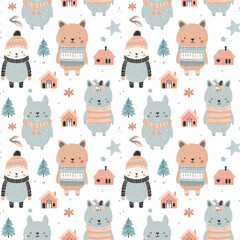 Winter seamless pattern with cute animals. Christmas vector pattern. Hand drawn vector children's print