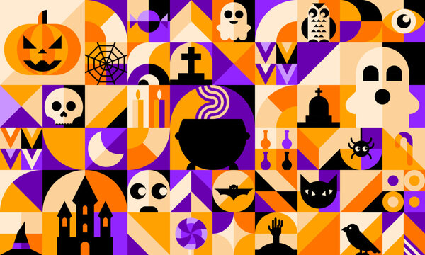 Bauhaus Halloween geometric pattern of abstract modern shapes with horror holiday characters. Vector background with spooky ghost, pumpkin, skull and bat, spider, witch hat and trick or treat candy