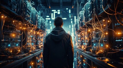 Futuristic illustration - man in super computer server room.