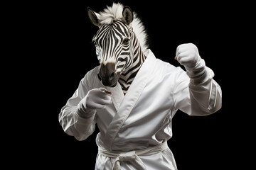 zebra wearing a white karate martial  uniform