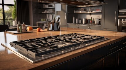 A kitchen with a central island featuring a built-in cooktop
