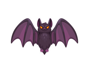 Cartoon Halloween bat emoji character. Isolated vector cute vampire animal emoticon with pointy ears, wings and glowing eyes, showcasing its playful and spooky vibe for the holiday season celebration