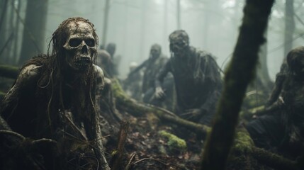 Zombies crawling in forest. Scary monsters walking in the wood.