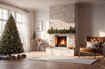 Christmas room, Christmas tree and snow falling outside the window Fireplace with fire on it A time of happiness and peace