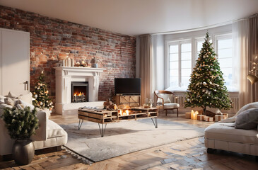 Christmas room, Christmas tree and snow falling outside the window Fireplace with fire on it A time of happiness and peace