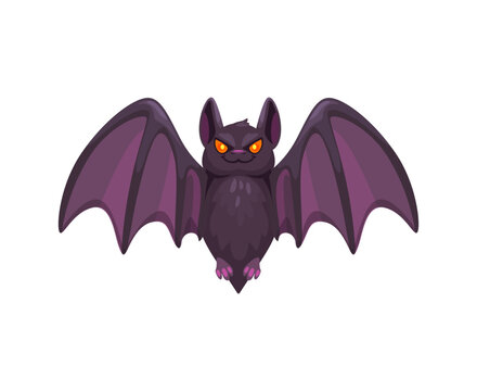 Cartoon Halloween bat emoji character. Isolated vector cute vampire animal emoticon with pointy ears, wings and glowing eyes, showcasing its playful and spooky vibe for the holiday season celebration