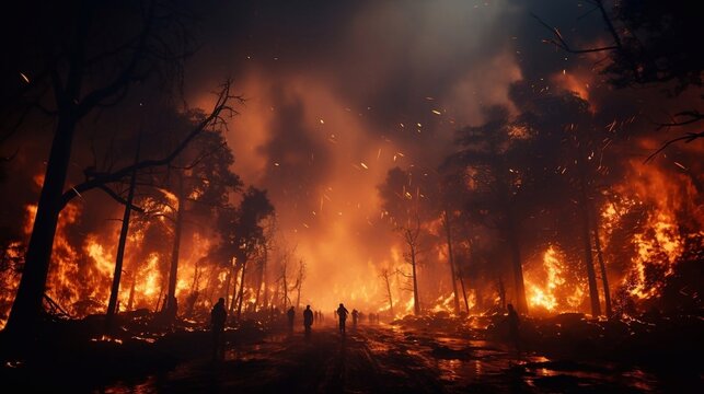 Natural disaster - fire in a forest. Trees in flames. People running.