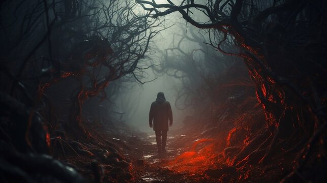 Human walks in dark misty forest.