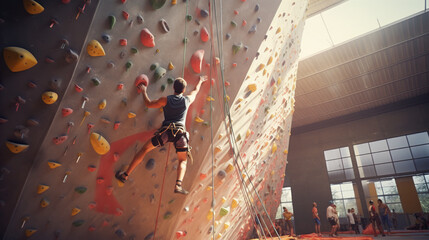Rock Climbing Gym: Friends challenge themselves at a rock climbing gym - obrazy, fototapety, plakaty