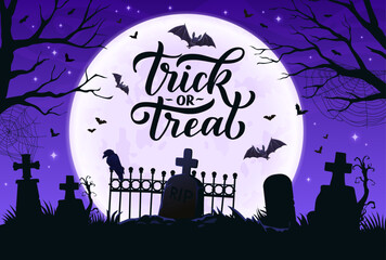 Halloween trick or treat banner with cemetery silhouette and tombstones, vector background. Halloween holiday greeting card with creepy ravens, bats and midnight moon on cemetery graveyard