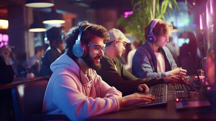 Obraz premium Gaming Café Hangout: Friends visit a gaming café where they can play video games