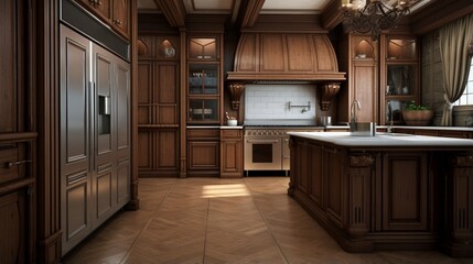 Luxury wooden kitchen with intricate cabinetry, stainless appliances, marble countertops, warm lighting, and stone fireplace.