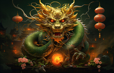 Green dragon in traditional style, mysterious monster from farytales and symbol of 2024 lunar year in Chinese calendar. - obrazy, fototapety, plakaty