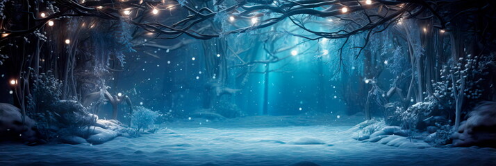 holiday background in a mystical winter forest, with ethereal lights, mythical creatures, and a hidden doorway to a magical world. Generative AI - obrazy, fototapety, plakaty