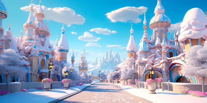 holiday background in a gingerbread house village, with candy cane lampposts, gumdrop roofs, and gingerbread people enjoying the festivities. Generative AI