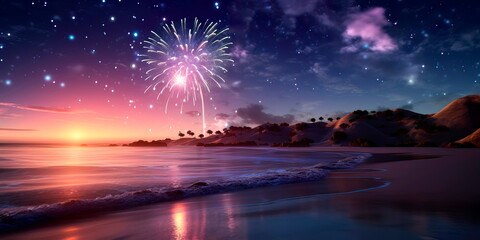 New Year's background on a moonlit beach, with fireworks lighting up the night sky and reflections in the calm ocean. Generative AI