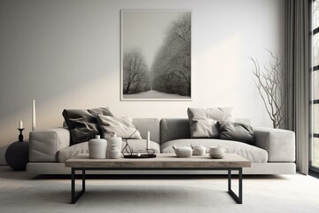Simplicity: gray couch, coffee table. Generative AI