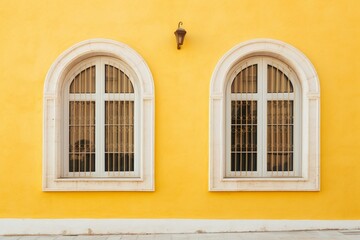 Two yellow-toned arched windows with frames against a white wall. Generative AI
