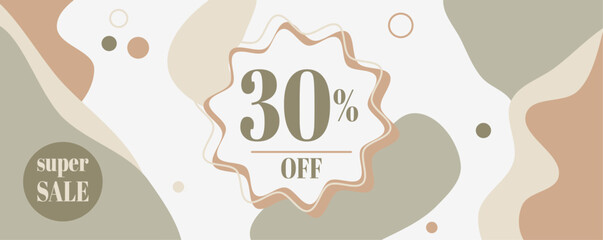 Banner modern minimal set abstract template with pastel-colored stains, super sale 30% off