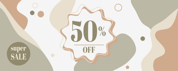 Banner modern minimal set abstract template with pastel-colored stains, super sale 50% off