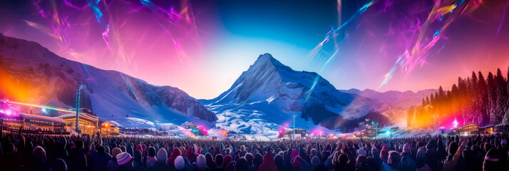 Mountain resort during the New Year celebration with skiing and snowboarding. Generative AI - obrazy, fototapety, plakaty
