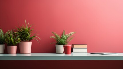 Fragment of stylish minimalist monochrome interior of modern room in pastel carmine red and pink tones. Large table, laptop, books, houseplants. Creative design. Mockup, 3D rendering.