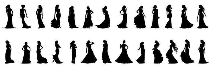 set of silhouettes of woman in a dress. standing pose. isolated background. eps 10