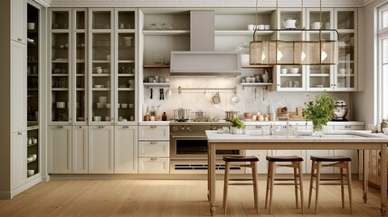 A kitchen with a mix of open shelves and glass-front cabinets