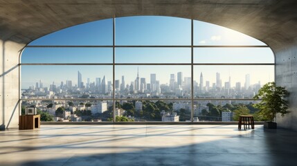 Interior of empty open space room in modern urban building for office or loft studio. Concrete walls and floor, houseplants, home decor. Floor-to-ceiling windows with city view. Mockup, 3D rendering.