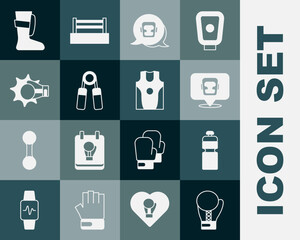 Set Boxing glove, Fitness shaker, helmet, Sport expander, Punch boxing, shoes and jersey t-shirt icon. Vector