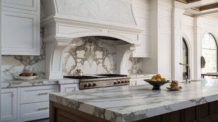 A kitchen with a sculptural range hood and marble backsplash