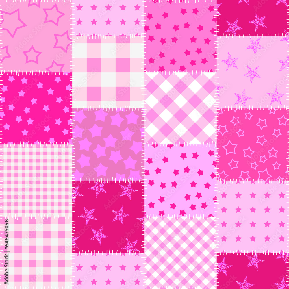Poster Textille patchwork pattern. Pink pattern in Barbie style. Seamless Vector image.