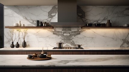 A kitchen with a sculptural range hood and marble backsplash