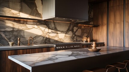 Obraz na płótnie Canvas A kitchen with a sculptural range hood and marble backsplash