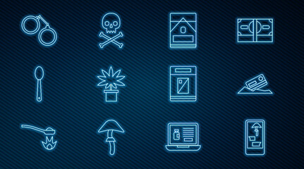 Set line Buying drugs online on phone, Cocaine and credit card, Cigarettes pack box, Marijuana or cannabis plant pot, Heroin spoon, Handcuffs, and Skull crossbones icon. Vector