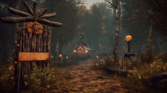 Signboard at the enty of dark fairytale village in Halloween style.